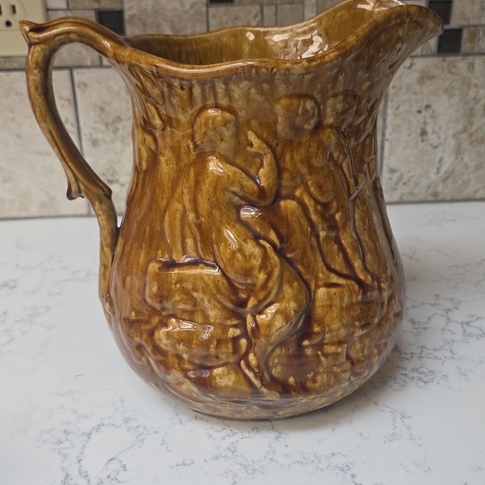 Stoneware PITCHER, Hunt Scene, Rockingham Glaze, Bennington, Tan Glaze, 9"